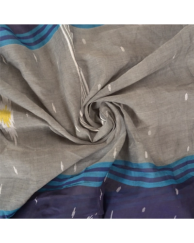 Sanskriti Vintage Grey Indian Sarees Pure Cotton Hand-Woven Tant Sari Fabric, PS-61016-Grey &amp; Blue-Woven Work-Pure Cotton-7