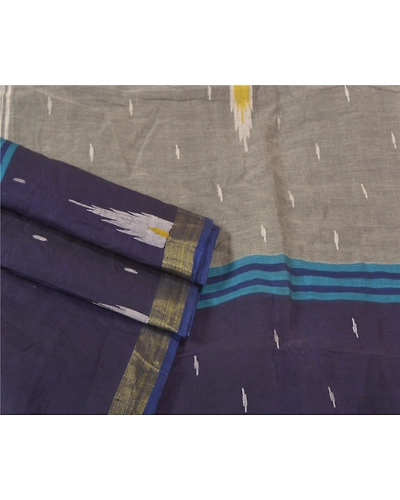 Sanskriti Vintage Grey Indian Sarees Pure Cotton Hand-Woven Tant Sari Fabric, PS-61016-Grey &amp; Blue-Woven Work-Pure Cotton-8