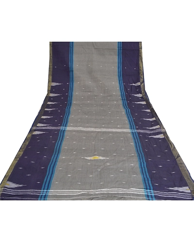 Sanskriti Vintage Grey Indian Sarees Pure Cotton Hand-Woven Tant Sari Fabric, PS-61016-Grey &amp; Blue-Woven Work-Pure Cotton-9