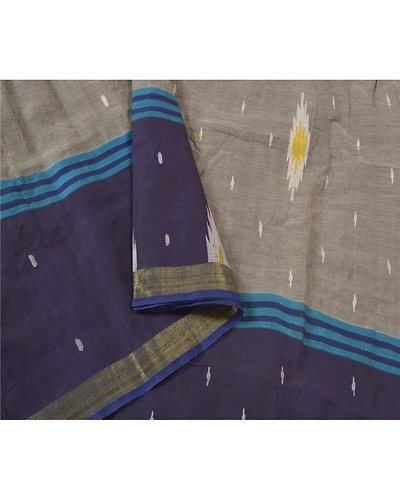Sanskriti Vintage Grey Indian Sarees Pure Cotton Hand-Woven Tant Sari Fabric, PS-61016-Grey &amp; Blue-Woven Work-Pure Cotton-10