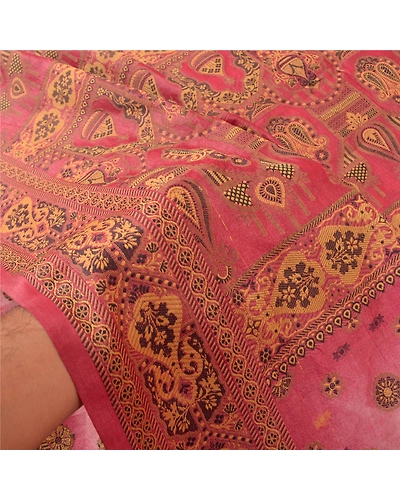 Sanskriti Vintage Dark Red Sarees 100% Pure Silk Woven Premium Sari Craft Fabric, PS-61027-Dark Red &amp; Pink-Woven Work-Pure Silk-5
