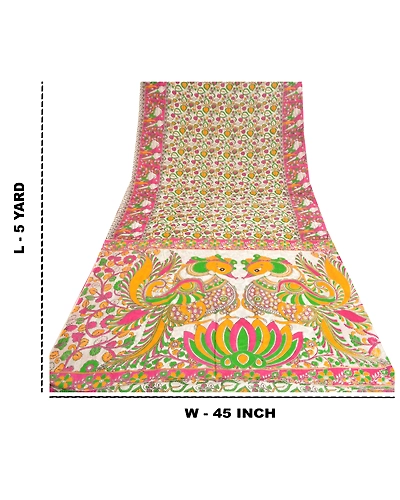 Sanskriti Vintage White Sarees 100% Pure Cotton Handmade Kalamkari Sari Fabric, PS-61028-White-Kalamkari Work-100% Pure Cotton-1