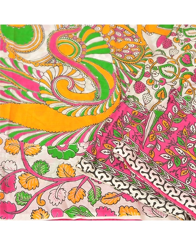 Sanskriti Vintage White Sarees 100% Pure Cotton Handmade Kalamkari Sari Fabric, PS-61028-White-Kalamkari Work-100% Pure Cotton-2