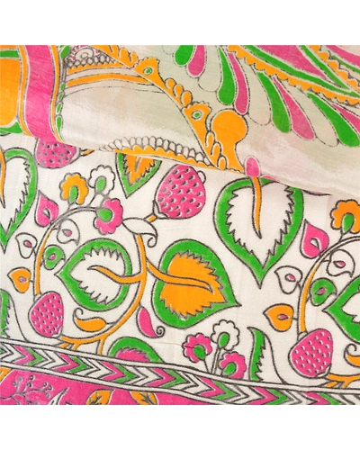 Sanskriti Vintage White Sarees 100% Pure Cotton Handmade Kalamkari Sari Fabric, PS-61028-White-Kalamkari Work-100% Pure Cotton-3
