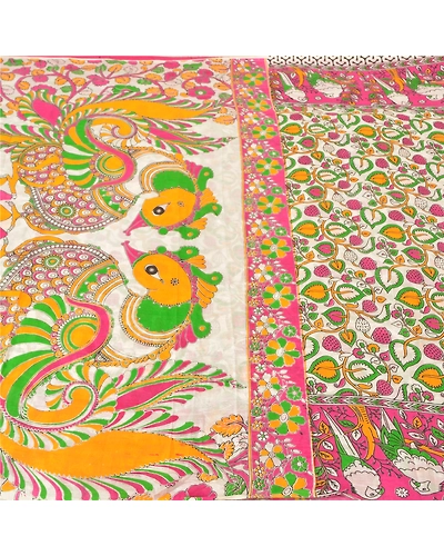 Sanskriti Vintage White Sarees 100% Pure Cotton Handmade Kalamkari Sari Fabric, PS-61028-White-Kalamkari Work-100% Pure Cotton-4