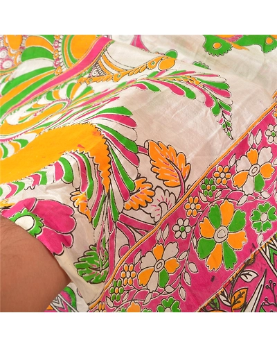 Sanskriti Vintage White Sarees 100% Pure Cotton Handmade Kalamkari Sari Fabric, PS-61028-White-Kalamkari Work-100% Pure Cotton-5