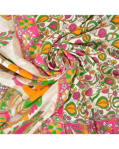 Sanskriti Vintage White Sarees 100% Pure Cotton Handmade Kalamkari Sari Fabric, PS-61028-White-Kalamkari Work-100% Pure Cotton-7