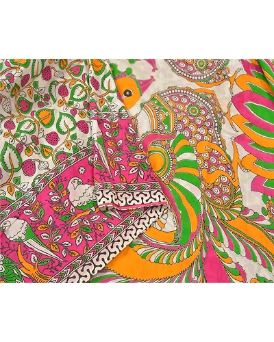 Sanskriti Vintage White Sarees 100% Pure Cotton Handmade Kalamkari Sari Fabric, PS-61028-White-Kalamkari Work-100% Pure Cotton-10
