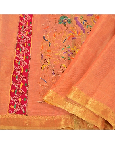 Sanskriti Vintage Peach Sarees Hand Beaded Woven Pure Silk Sari 5Yd Craft Fabric, PS-61029-Peach-Thread Work-Pure Silk-2