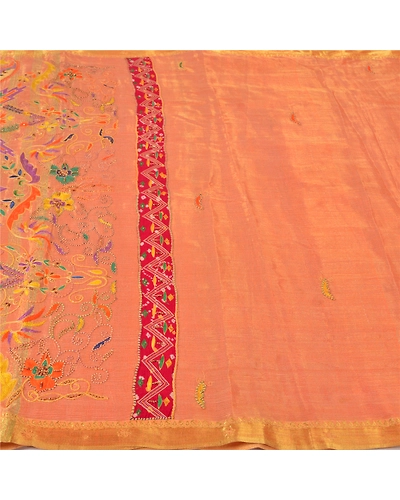Sanskriti Vintage Peach Sarees Hand Beaded Woven Pure Silk Sari 5Yd Craft Fabric, PS-61029-Peach-Thread Work-Pure Silk-4
