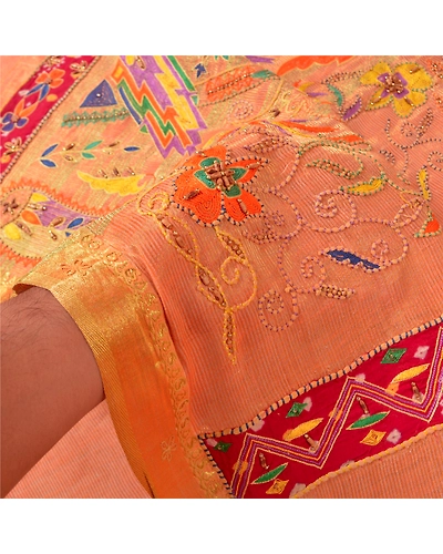 Sanskriti Vintage Peach Sarees Hand Beaded Woven Pure Silk Sari 5Yd Craft Fabric, PS-61029-Peach-Thread Work-Pure Silk-5
