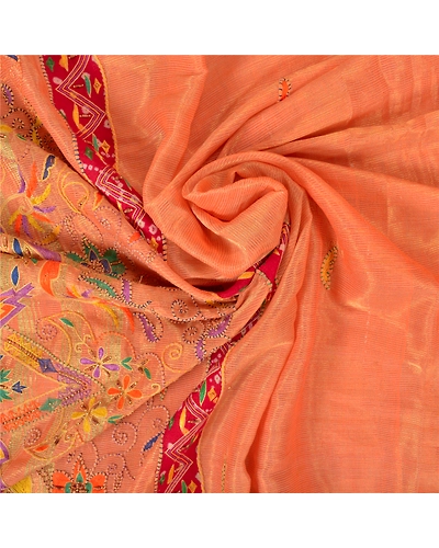 Sanskriti Vintage Peach Sarees Hand Beaded Woven Pure Silk Sari 5Yd Craft Fabric, PS-61029-Peach-Thread Work-Pure Silk-7