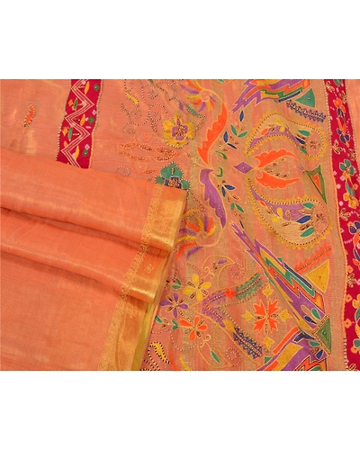 Sanskriti Vintage Peach Sarees Hand Beaded Woven Pure Silk Sari 5Yd Craft Fabric, PS-61029-Peach-Thread Work-Pure Silk-8