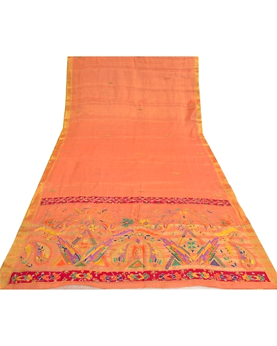 Sanskriti Vintage Peach Sarees Hand Beaded Woven Pure Silk Sari 5Yd Craft Fabric, PS-61029-Peach-Thread Work-Pure Silk-9