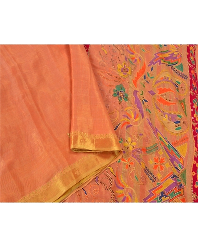 Sanskriti Vintage Peach Sarees Hand Beaded Woven Pure Silk Sari 5Yd Craft Fabric, PS-61029-Peach-Thread Work-Pure Silk-10