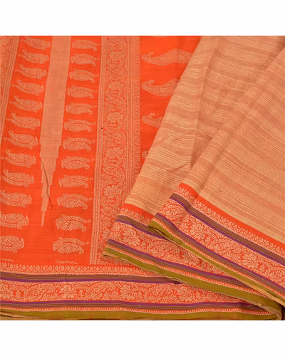 Sanskriti Vintage Peach Sarees 100% Pure Cotton Woven Premium Sari Craft Fabric, PS-61033-Peach &amp; Orange-Woven Work-Pure Cotton-2