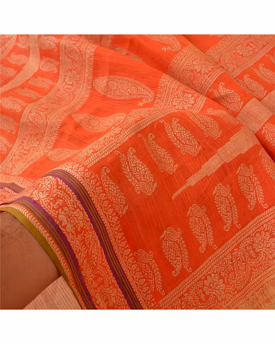 Sanskriti Vintage Peach Sarees 100% Pure Cotton Woven Premium Sari Craft Fabric, PS-61033-Peach &amp; Orange-Woven Work-Pure Cotton-5