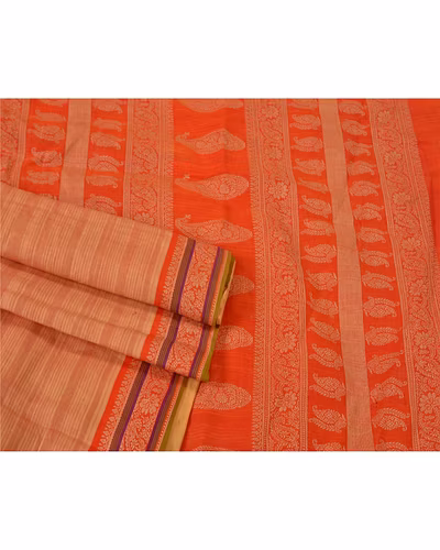 Sanskriti Vintage Peach Sarees 100% Pure Cotton Woven Premium Sari Craft Fabric, PS-61033-Peach &amp; Orange-Woven Work-Pure Cotton-8