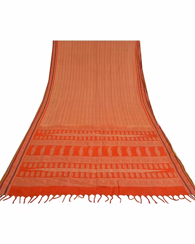 Sanskriti Vintage Peach Sarees 100% Pure Cotton Woven Premium Sari Craft Fabric, PS-61033-Peach &amp; Orange-Woven Work-Pure Cotton-9