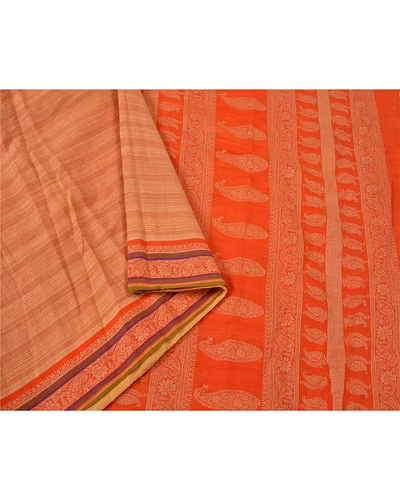 Sanskriti Vintage Peach Sarees 100% Pure Cotton Woven Premium Sari Craft Fabric, PS-61033-Peach &amp; Orange-Woven Work-Pure Cotton-10
