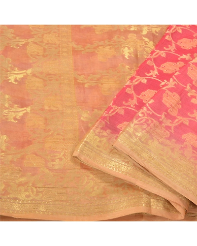 Sanskriti Vintage Sarees Indian Pink Hand Woven Pure Silk Sari 5Yd Craft Fabric, PS-61048-Pink-Woven Work-Pure Silk-2