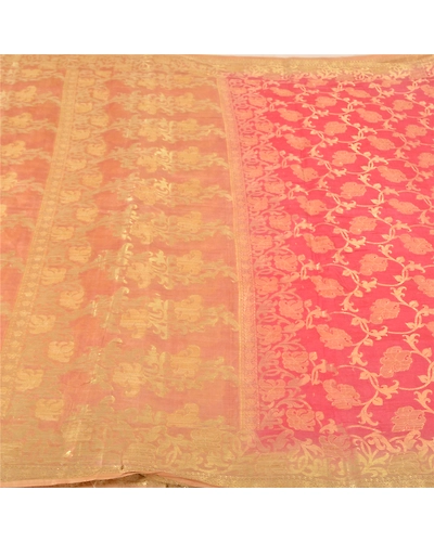 Sanskriti Vintage Sarees Indian Pink Hand Woven Pure Silk Sari 5Yd Craft Fabric, PS-61048-Pink-Woven Work-Pure Silk-4