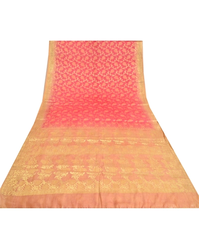 Sanskriti Vintage Sarees Indian Pink Hand Woven Pure Silk Sari 5Yd Craft Fabric, PS-61048-Pink-Woven Work-Pure Silk-9