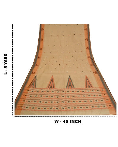Sanskriti Vintage Sarees Cream Begumpuri Handloom Bengal Pure Cotton Sari Fabric, PS-61050-Pale Cream-Woven Work-Pure Cotton-1