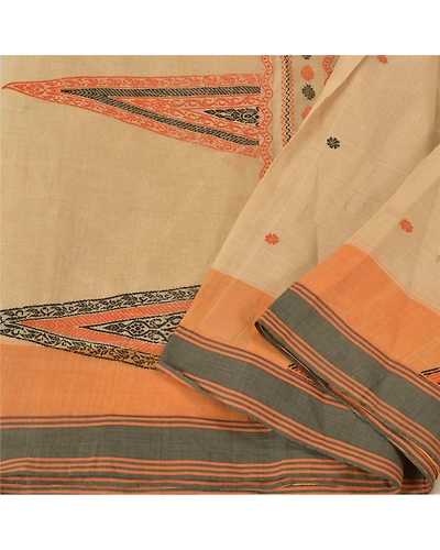 Sanskriti Vintage Sarees Cream Begumpuri Handloom Bengal Pure Cotton Sari Fabric, PS-61050-Pale Cream-Woven Work-Pure Cotton-2