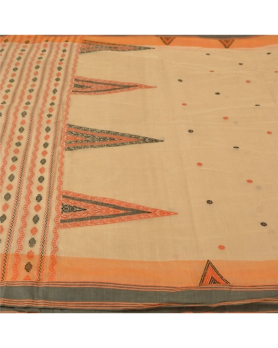 Sanskriti Vintage Sarees Cream Begumpuri Handloom Bengal Pure Cotton Sari Fabric, PS-61050-Pale Cream-Woven Work-Pure Cotton-4