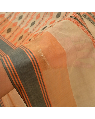 Sanskriti Vintage Sarees Cream Begumpuri Handloom Bengal Pure Cotton Sari Fabric, PS-61050-Pale Cream-Woven Work-Pure Cotton-5