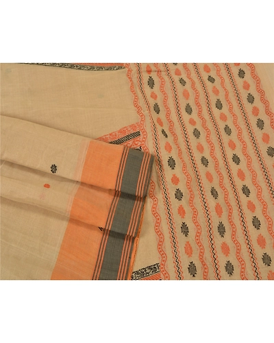 Sanskriti Vintage Sarees Cream Begumpuri Handloom Bengal Pure Cotton Sari Fabric, PS-61050-Pale Cream-Woven Work-Pure Cotton-8