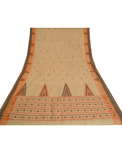 Sanskriti Vintage Sarees Cream Begumpuri Handloom Bengal Pure Cotton Sari Fabric, PS-61050-Pale Cream-Woven Work-Pure Cotton-9