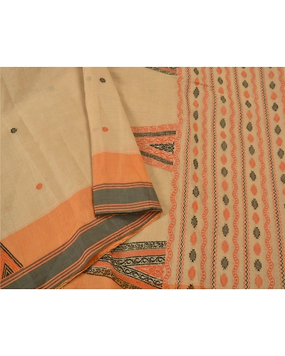 Sanskriti Vintage Sarees Cream Begumpuri Handloom Bengal Pure Cotton Sari Fabric, PS-61050-Pale Cream-Woven Work-Pure Cotton-10