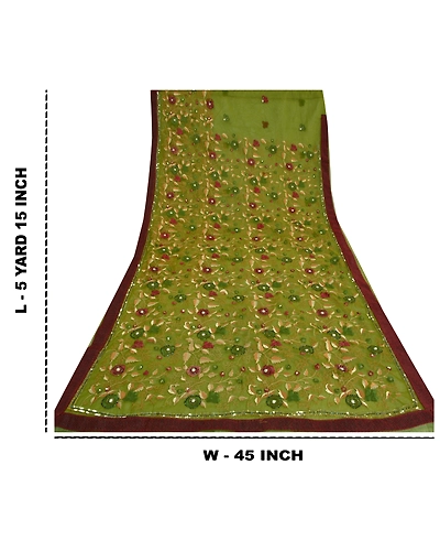 Sanskriti Vintage Sarees Indian Net Mesh Green Hand Beaded Sari 5Yd Craft Fabric, PS-61055-Green-Beaded Work-Net Mesh-1