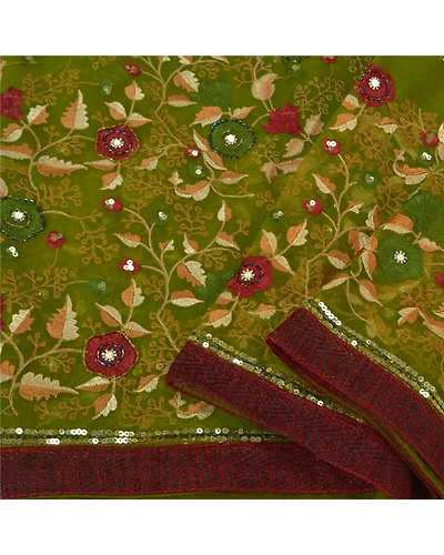 Sanskriti Vintage Sarees Indian Net Mesh Green Hand Beaded Sari 5Yd Craft Fabric, PS-61055-Green-Beaded Work-Net Mesh-2