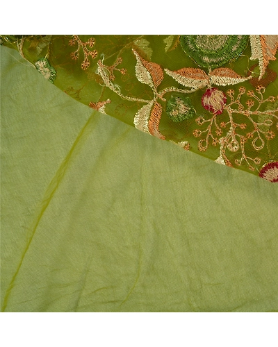 Sanskriti Vintage Sarees Indian Net Mesh Green Hand Beaded Sari 5Yd Craft Fabric, PS-61055-Green-Beaded Work-Net Mesh-3