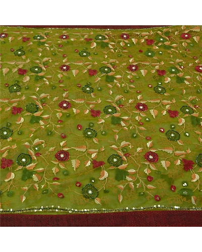 Sanskriti Vintage Sarees Indian Net Mesh Green Hand Beaded Sari 5Yd Craft Fabric, PS-61055-Green-Beaded Work-Net Mesh-4
