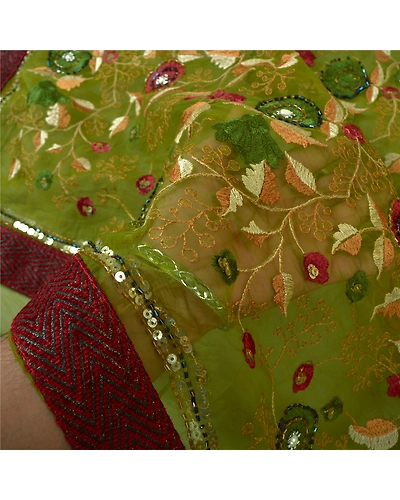 Sanskriti Vintage Sarees Indian Net Mesh Green Hand Beaded Sari 5Yd Craft Fabric, PS-61055-Green-Beaded Work-Net Mesh-5
