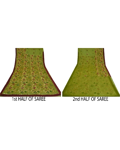 Sanskriti Vintage Sarees Indian Net Mesh Green Hand Beaded Sari 5Yd Craft Fabric, PS-61055-Green-Beaded Work-Net Mesh-6