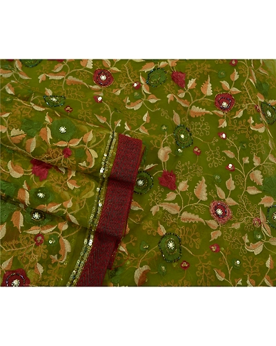 Sanskriti Vintage Sarees Indian Net Mesh Green Hand Beaded Sari 5Yd Craft Fabric, PS-61055-Green-Beaded Work-Net Mesh-8