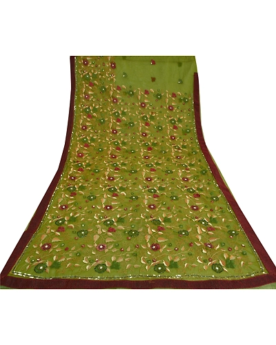 Sanskriti Vintage Sarees Indian Net Mesh Green Hand Beaded Sari 5Yd Craft Fabric, PS-61055-Green-Beaded Work-Net Mesh-9