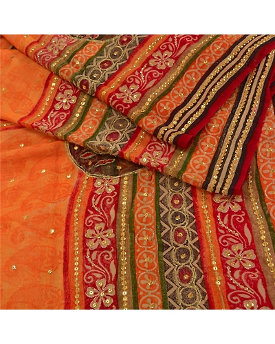 Sanskriti Vintage Sarees Orange Hand Beads Pure Georgette Silk Sari Craft Fabric, PS-61059-Orange-Beaded Work-Pure Georgette Silk-2