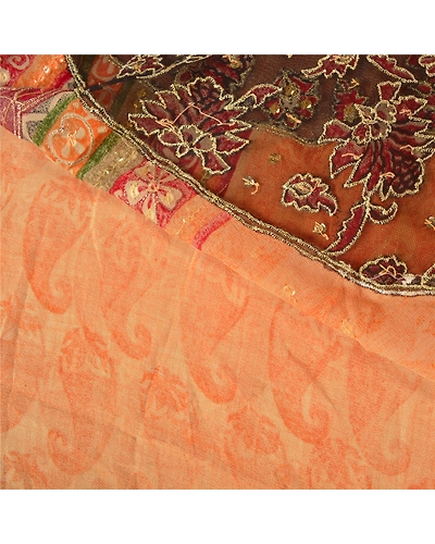 Sanskriti Vintage Sarees Orange Hand Beads Pure Georgette Silk Sari Craft Fabric, PS-61059-Orange-Beaded Work-Pure Georgette Silk-3