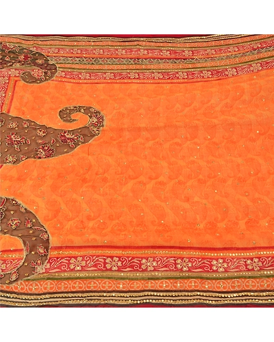 Sanskriti Vintage Sarees Orange Hand Beads Pure Georgette Silk Sari Craft Fabric, PS-61059-Orange-Beaded Work-Pure Georgette Silk-4
