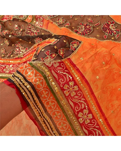 Sanskriti Vintage Sarees Orange Hand Beads Pure Georgette Silk Sari Craft Fabric, PS-61059-Orange-Beaded Work-Pure Georgette Silk-5