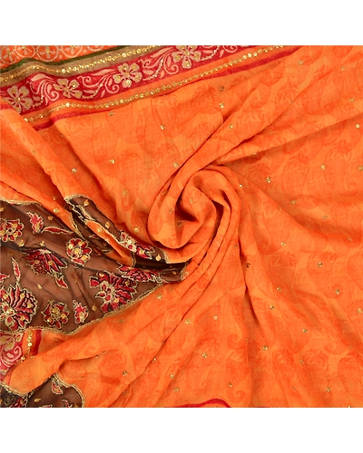 Sanskriti Vintage Sarees Orange Hand Beads Pure Georgette Silk Sari Craft Fabric, PS-61059-Orange-Beaded Work-Pure Georgette Silk-7