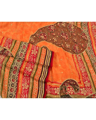 Sanskriti Vintage Sarees Orange Hand Beads Pure Georgette Silk Sari Craft Fabric, PS-61059-Orange-Beaded Work-Pure Georgette Silk-8