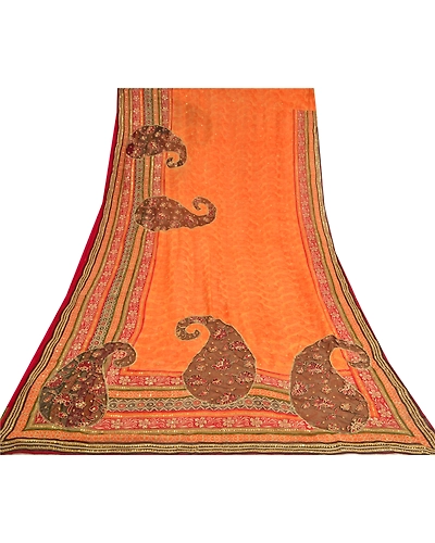 Sanskriti Vintage Sarees Orange Hand Beads Pure Georgette Silk Sari Craft Fabric, PS-61059-Orange-Beaded Work-Pure Georgette Silk-9