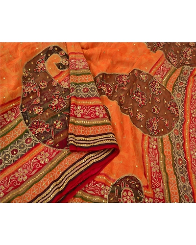 Sanskriti Vintage Sarees Orange Hand Beads Pure Georgette Silk Sari Craft Fabric, PS-61059-Orange-Beaded Work-Pure Georgette Silk-10